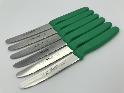Giesser Messer - Made in Germany - 6er Set Brötchenmesser Tomatenmesser Küchenmesser Allzweckmesser Universalmesser Gemüsemesser 3mm Wellenschliff Klingenlänge 11cm (Grün)