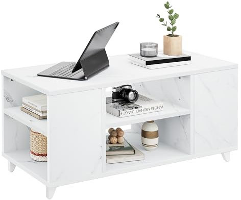YITAHOME Couchtisch mit 3 Ebenen und Ablage an der Seite, Beistelltisch mit Ablageflächen, Sofa-Couchtisch mit modernem, stilvollem Design für das Wohnzimmer, einfache Montage, Weißer Marmor