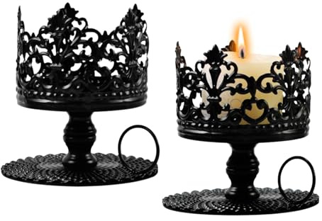 Dzmuero Kerzenständer, Stabkerzenhalter, Eisenkronen-Kerzenhalter, 2er-Set, Schwarze Stumpenkerzenhalter aus Metall für den Tisch, Kerzenhalter für den Tisch im Esszimmer, Innen- und Außendekoration