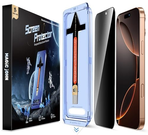 MAGIC JOHN 2 Pack for iPhone 16 Pro Privacy Glass Screen Protector 6.3 inch, Auto Dust-Elimination Installation, 9H+ Hardness Tempered Glass HD Clear Full Coverage Protection No Bubbles No Dust