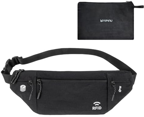Travel Money Belt for Men and Women hidden slim passport holder - travel wallet with RFID blocking under clothes to protect Cash, Credit Cards and Documents (BLACK)