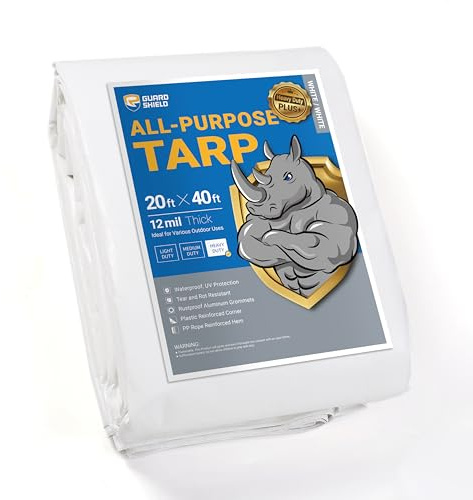 GUARD SHIELD 20x40 Feet White Tarp Heavy Duty Waterproof, 12Mil Thick Poly Tarpaulin with Reinforced Grommets, Outdoor Cover for Roof, Carport, Boat, Truck and Ground Pool