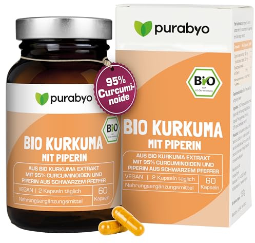 Purabyo BIO Kurkuma Kapseln | im Glas | Bio Kurkuma Extrakt hochdosiert mit 95% Curcuminoiden | mit Piperin aus schwarzem Pfeffer | Bio-Qualität | vegan, laborgeprüft und in Deutschland hergestellt