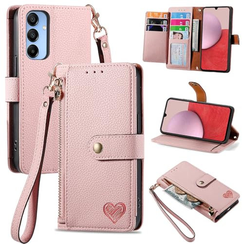VEEMOS Zipper Wallet Case for Samsung Galaxy A16 / A17 / A26 5G Phone Case with Purse Card Holders RFID Blocking Leather Flip Case Book Cover Wrist Strap Women - Pink
