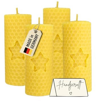Wachsmann Adventskerzen 4er-Set, 100% Bienenwachs, handgerollt, Made in Germany, gelb mit Stern, Bienenwachskerzen mit je 6 Stunden Brenndauer, Stumpenkerze für Weihnachten (4 x 10 cm)