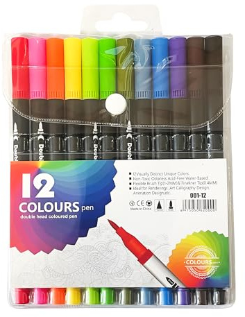 FATASH 12 Dual Tip Brush Pens with Storage Bag - Felt Tip Colouring Pens for Adults, Fine Liner Art Pen Set for Calligraphy, Drawing, Sketching & Bullet Journaling