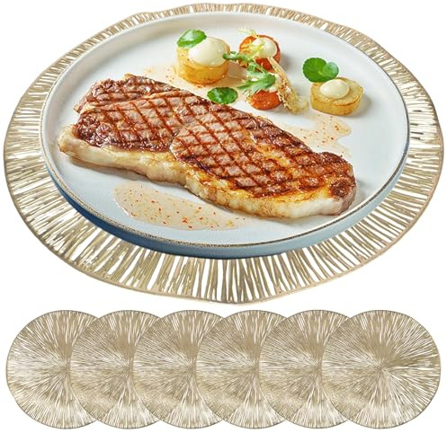 6 Stück Set Rund PVC Platzset Abwaschbar Platzsets Tischsets Gold Hitzebeständige 38cm Platzdeckchen Abwaschbar rutschfest Platzteller Gold Rund Ideal für Weihnachten Hochzeit Küche Party