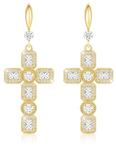 Linawe Pendientes colgantes en forma de cruz dorados para mujer, pendientes de cristal con diamantes de imitación, joyería de moda, pendientes colgantes colgantes con piedra de nacimiento en cruz