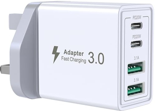 USB C Fast Charger Plug, 40W 4-Port Multi USB Charging Plug UK Dual Port PD Power Adapter + QC Multiport Mains Wall Charger Type C for iPhone 16 15 14 13 12 11 Pro Max XS XR, Samsung, iPad