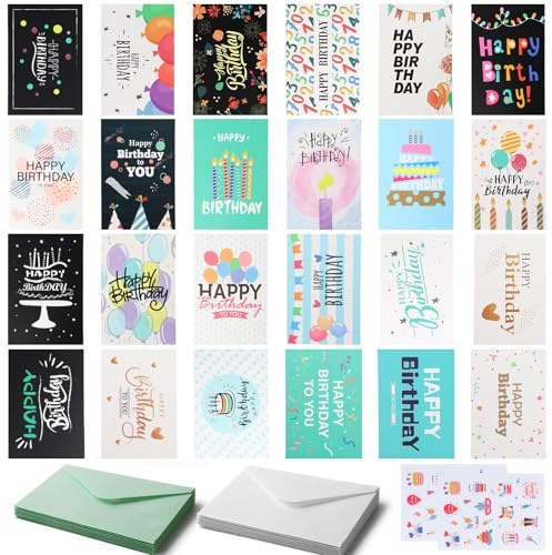 24er-Set Geburtstagskarten mit Umschlägen Hochwertige Klappkarten in 24 einzigartigen Designs, inkl. farbiger Umschläge & Aufkleber, Karte Geburtstag für Geburtstagswünsche, Grußkarten & Nachrichten