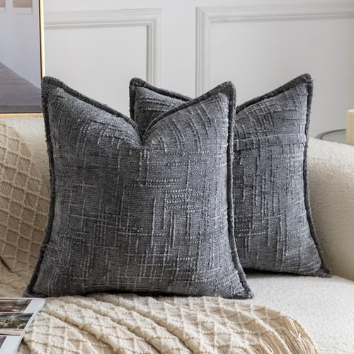 Madizz 2er Set Chenille Dekorativ Kissenbezüge Weiche neutrale Wurfkissen für Sofa Boho Akzent Zierkissenbezüge für Schlafzimmer Wohnzimmer Modernes Zuhause Dekor Dunkelgrau 40x40 cm