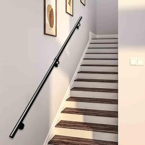 1ft-20ft Pre-drilled Stair Handrail 1.25 OD Round Black Wall Mounted Staircase Banister Railing Wrought Iron Safety Hand Rail Indoor Outdoor Grab Rail for Wood Concrete Brick Wall(2ft/60cm)