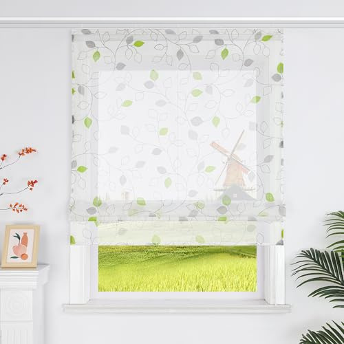 CORLIF Transparente Landhaus Raffrollo mit Blattmuster Voile Küchengardinen mit Klettband Raffgardine mit Klettschiene Grün,BxH 100x140cm
