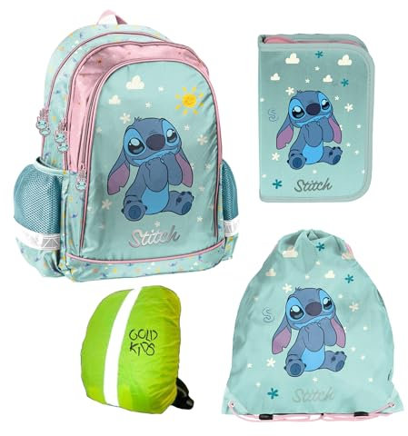 PASO- Schulranzen für Jungen und Mädchen, 4er-Set - Schul-Rucksack für Kinder mit Federmäppchen - Schuhbeutel - Stitch Motiv- 1-3 Klasse