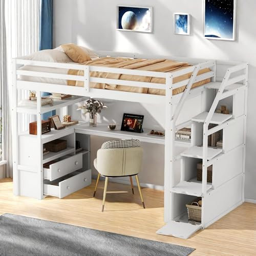 Lubvtti Cama alta de 90 x 200 cm con mesa y dos cajones, litera con escalera de almacenamiento, estructura de cama individual con barandilla de seguridad y somier de láminas (blanco)
