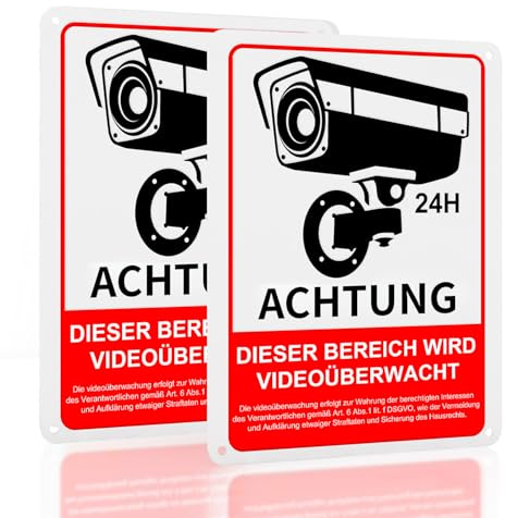 REIGY 2 Stück Achtung Videoüberwachung Schild Aluminium Selbstklebend | 18x25cm, UV-Schutz für den Außenbereich, Kameraüberwachung Schild Privatgrundstück mit DSGVO Hinweis, Kamera Überwachung