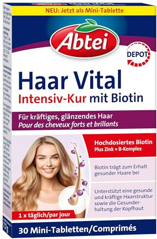 ABTEI Haar Vital – Haartabletten mit hochdosiertem Biotin für kräftiges, glänzendes Haar – Haarvitamine mit Zink und B-Komplex – glutenfrei, laktosefrei, vegan – 30 Mini-Tabletten
