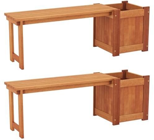 Banc de jardin 2 en 1 en bois avec jardinières, assise extérieure et kit de conteneur de fleurs, base ouverte pour cour et balcon, finition naturelle, parfait pour les jardins