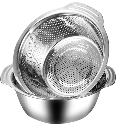 Defaun Kitchen Colander & Mixing Bowl Set 28cm, 2-Piece Stainless Steel Strainer Bowl with Handles for Draining Pasta, Washing Vegetables, Fruits, Salad & Food Prep （28CM）