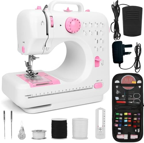 Mini Sewing Machine for Beginners, Small Stitching Machine with 12 Stitches Double-line Two-speed, Mini Sewing Kit, Reverse, UK power adapter, Foot pedal, Sew Buttons, Buttonholes, and zippers.