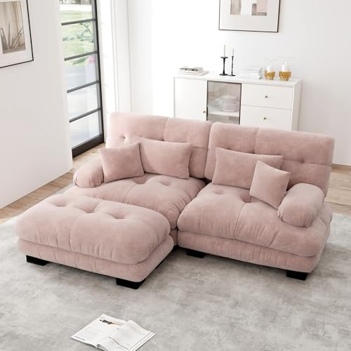 Ligterra Sofa mit Schlaffunktion, Sofa 2 Sitzer Cloud Ecksofa für Wohnzimmer, Chenille Doppelsofa mit 2 Lendenkissen und 2 Dekokissen, Polstersofa mit Breiten Armlehnen und Ottoman, Rosa