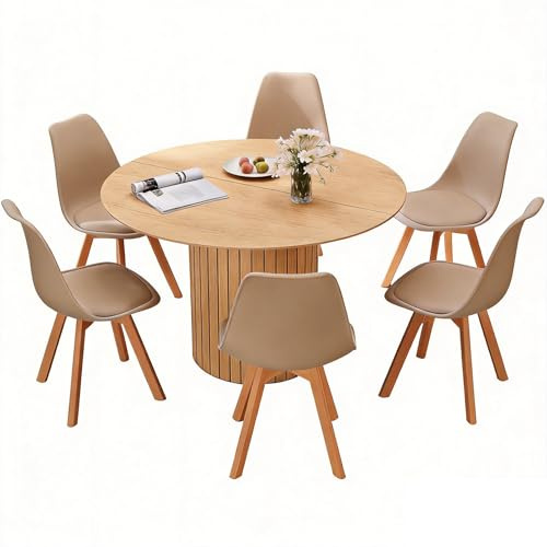 HJhomeheart 120 cm runder Esstisch mit 6 Esszimmerstühlen, runder Küchentisch mit Holzfuß, MDF-Platte, Küchenstühle mit Kunststofflehne, für 4–6 Personen, Hellbraun +Khaki
