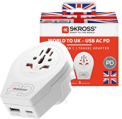 SKROSS World to UK USB AC20PD Travel Adapter | 1 USB Type C Port, 1 USB Type A Port, Fast Charging, Power Delivery, Shock Protection