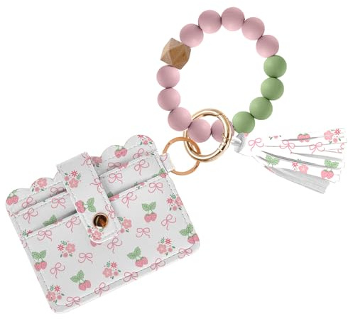 Geldbörse Schlüsselanhänger Armband Silikon Perlen Armband Geldbörse mit Handschlaufe und Kartenetui ID Fenster PU Leder Blockierkarte für Frauen, Mädchen und Freunde, Schleife, Horizontal, Schleife
