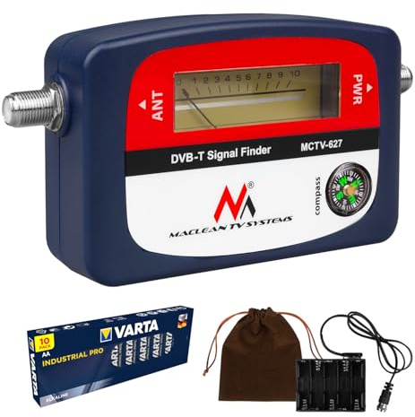Mesureur de Signal TV DVB-T/DVB-T2 avec Boussole et Câble F 25 cm – Installation Précise Antenne Terrestre, Portable, Alimentation Piles AA, Orientation Optimale