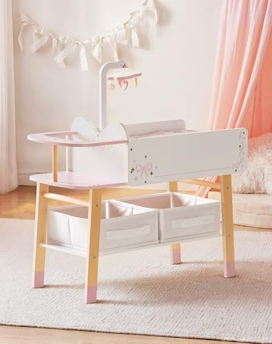 ROBOTIME Skötbord i trä, babydockor med förvaringslåda, spjälsäng, handfat, barnstol, sängkläder, barnkammardockmöbler för under 45 cm, balettälveserien – rosa