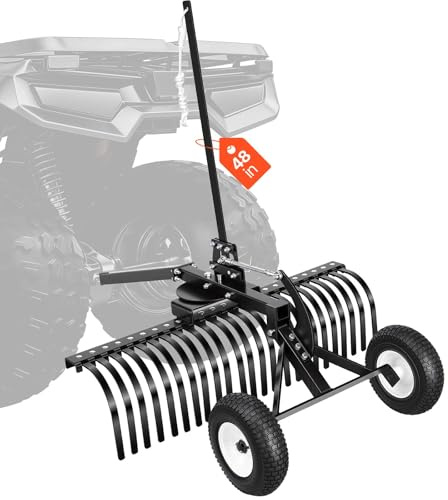 VEVOR Scarificatore per Trattorino Tagliaerba da 122 cm, Rastrello da Giardino Trainato per Trattorini Tosaerba ATV, 24 Denti in Acciaio Resistenti, Altezza e Angolazione Regolabili, per Prato