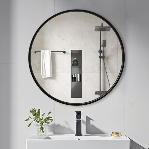 yuzeyurun Runder Wandspiegel 40 cm Schwarz – Badezimmerspiegel mit Alu-Rahmen – HD-Glas & Splitterschutz – Modernes Design für Bad, Wohnzimmer & Flur