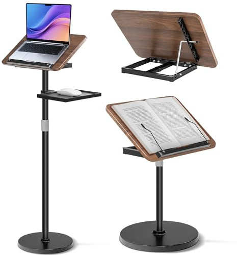 LASUK 2 in 1 Verstellbarer Buchständer, Höhenverstellbar 50-130cm,Schwarz | Dual-Use Boden & Schreibtisch-Buchhalter, Holz-Kochbuchhalter mit Seitenclips, für Musikblatt, Rezept, Laptop