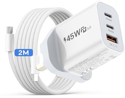 45W USB C Plug, 3-Port Fast Charger Plug with 2M Fast Charging Cable, USB C Charger Compatible with Samsung Galaxy S26/S25/S24 Ultra, iPhone 17/16/15/14/13/12 Pro MAX, iPad, Pixel 9