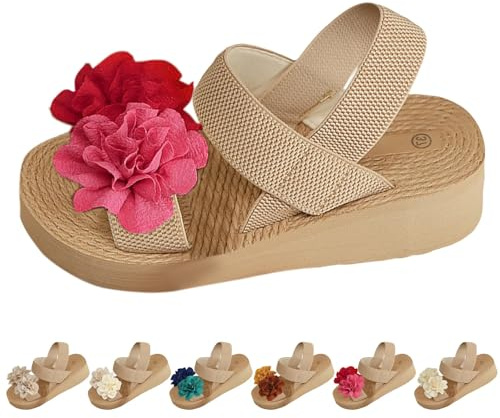 Generiska damsandaler, sommarplatå, ortopediska sandaler, damer breda H, sommarskor, bekväma öppna strandsandaler, lätta fritidssandaler, halkfria sugrör skor med blommor, utomhussandaler, kaki, 42 EU