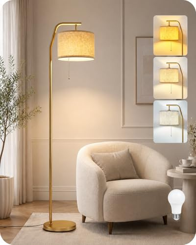 GOEBLESON Floor Lamp, Adjustable Fabric Shade, Pull Chain Control, Gold