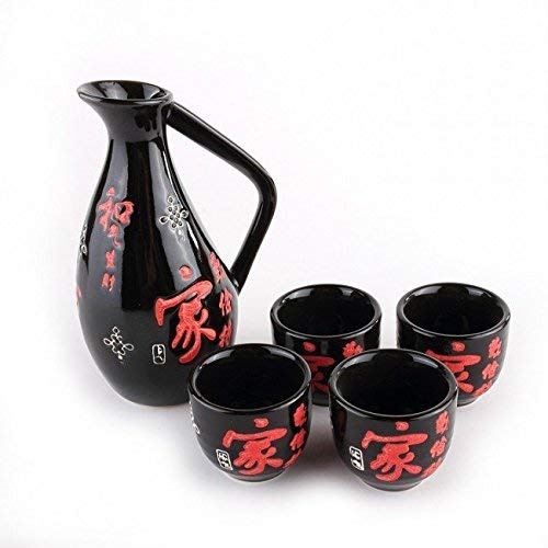 lachineuse - Service à Sake Japonais Sakura - Teintes Rouge et Noir - Design Fleurs de Cerisier - Traditions du Japon - Vaisselle en Porcelaine - Décoration d'Asie - Idée Cadeau Japon & Asie