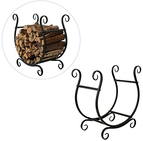 MyGift Black Metal Firewood Rack - Freestanding Fireplace Log Storage Holder with Scrollwork Design