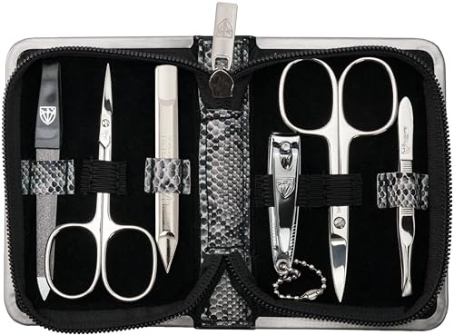 DREI SCHWERTER - 6-tlg. Maniküreset 'Ravenna' | Nagelpflegeset im Kunstleder Etui Kunstleder Schlangenoptik| Inhalt: Nagelschere, Hautschere, Nagelknipser, Saphirnagelfeile, Nagelreiniger, Pinzette
