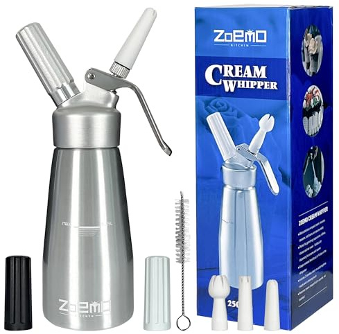 Profesional Aluminum Whipped Cream Dispenser - Ugraded Full Metal Cream Whipper Canister, w/Durable Metal Body & Head with 3 Decorating Tips (Professional Silver 250 ML)