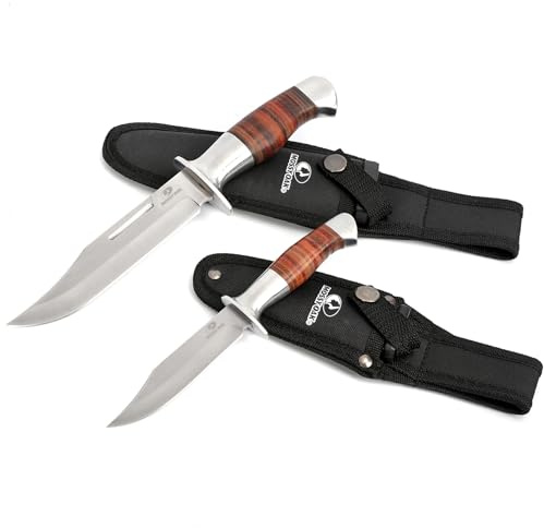 Mossy Oak Fixed Blade Bowie Knife, 2-piece Hunting Knife with Leather Handle Featuring Laser Pattern, Sheath Included