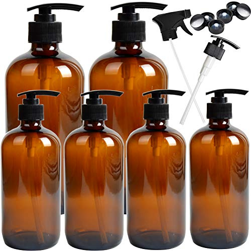Youngever 6-pack tomma bärnstensfärgade pumpflaskor, 2-pack 500 ml och 4-pack 250 ml pumpflaskor, påfyllningsbara behållare för eteriska oljor, rengöringsprodukter, lotioner, aromaterapi, hållbara