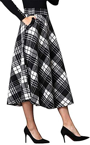 IDEALSANXUN Gonne Lunghe da Donna in Lana Scozzese, in Tartan, con Elastico in Vita, Svasate, plissettate, L