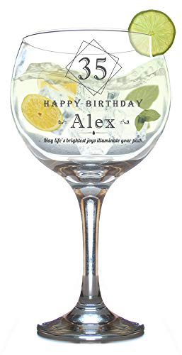Personalised Gin and Tonic Glass Birthday Engraved Balloon Shaped G and T Novelty Juniper Copa Cocktail Stem Square Age Gift Box 630 ml