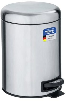 WENKO Kosmetikeimer 5 Liter, rostfreier Edelstahl, herausnehmbarer Inneneimer mit Müllbeutelhalter, Mülleimer fürs Bad mit Deckel und Tretfunktion, ausklappbarer Tragegriff, matt, Mod. Leman