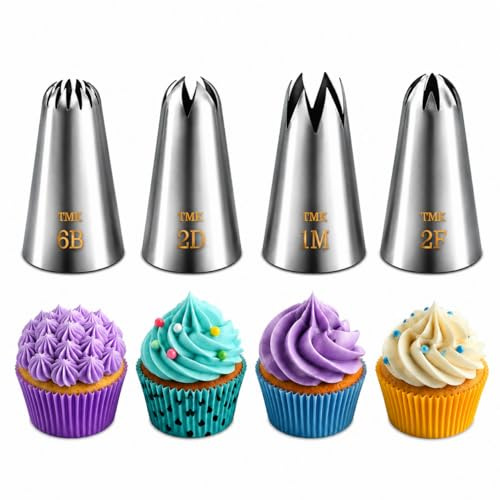 Timkumon 4 Pack Stainless Steel Seamless Piping Icing Tips #1M 2D 2F 6B, Large Piping Nozzle, Cake Decorating Tools for Baker