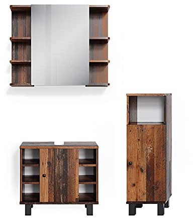 Vicco Badmöbel-Set Fynn, Eiche rustikal, 60 cm | besteht aus Waschbeckenunterschrank, Spiegelschrank und Midischrank
