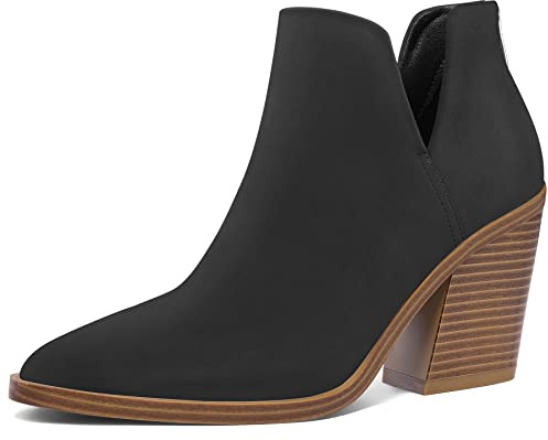 mysoft Women's Ankle Boots Slip on Cutout Pointed Toe Chunky Stacked Mid Heel Booties A18-22D-WLAX0405-11M