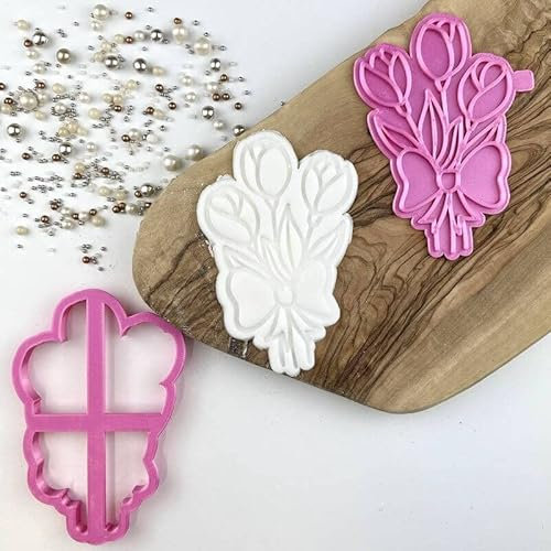 LissieLou Bouquet of Flowers Mother's Day Cookie Cutter and Stamp Icing Stamp Fondant Embosser Floral Theme - Light Pink/Clear