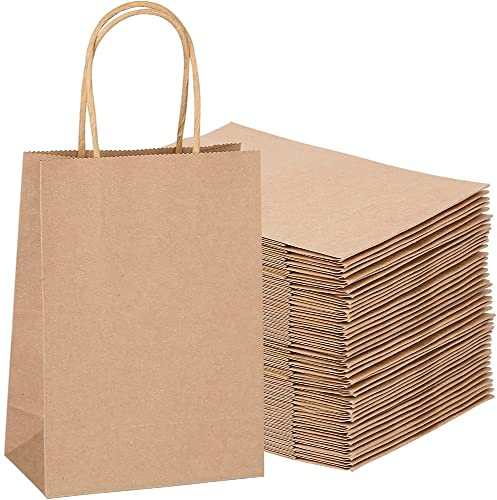 Vebetter 42X Sacchetti Carta con Manici Borse Carta Borsa Kraft Marrone Shopper Regalo per Cottura, Feste di Compleanno, Natale, Regali, Shopping, Sacchetti Avana, 21x16x8cm